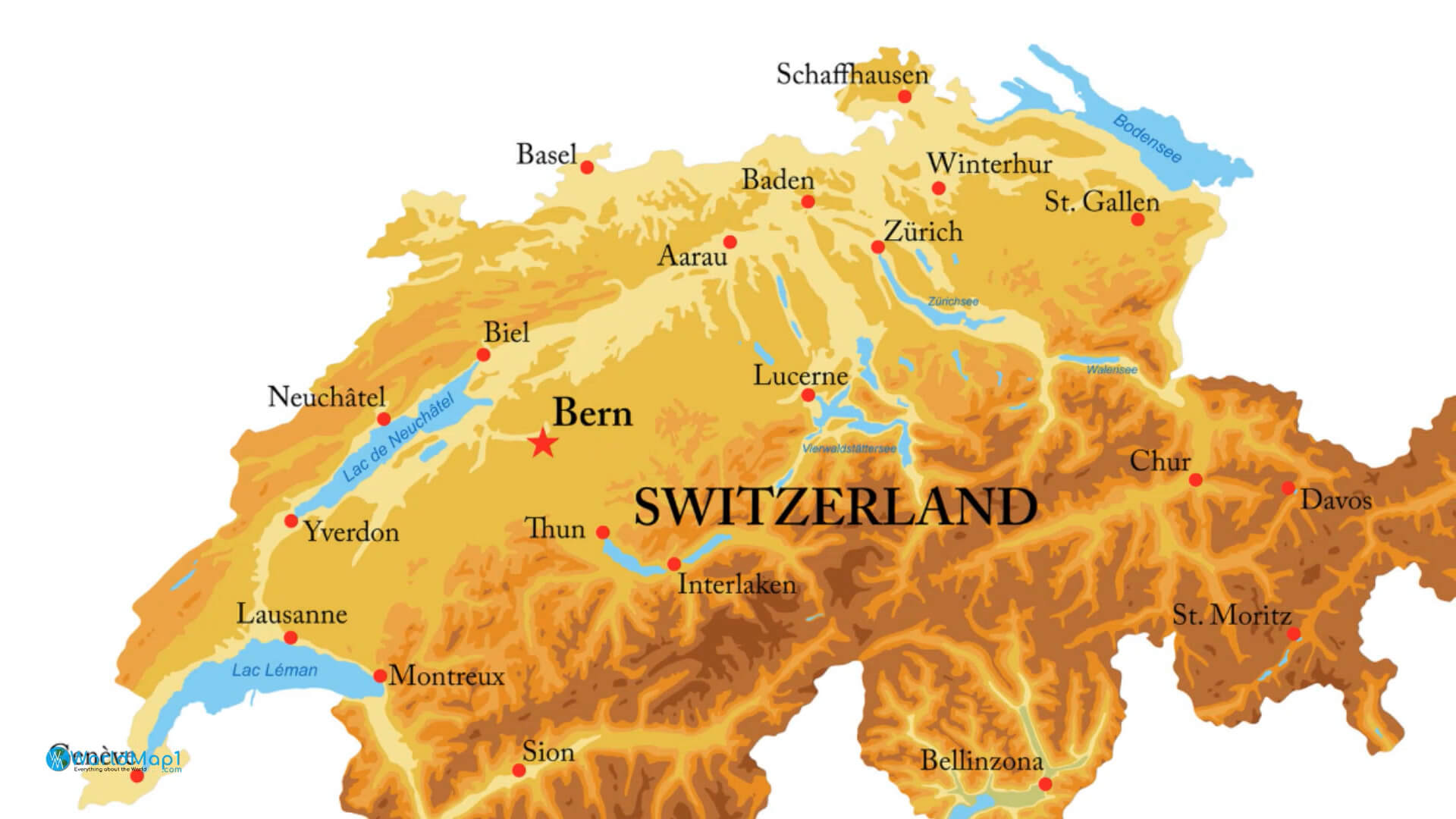 Switzerland Largest Cities and Swiss Alps Map